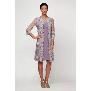 New ALEX EVENINGS Size 12 Purple 3/4 Sleeve Shift Dress Midi Lace Jacket Overlay